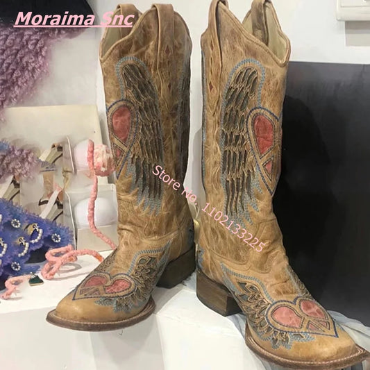 Heart Angel Wings Cowboy Boots, Pointed Toe Suede Slip On Leather Boots