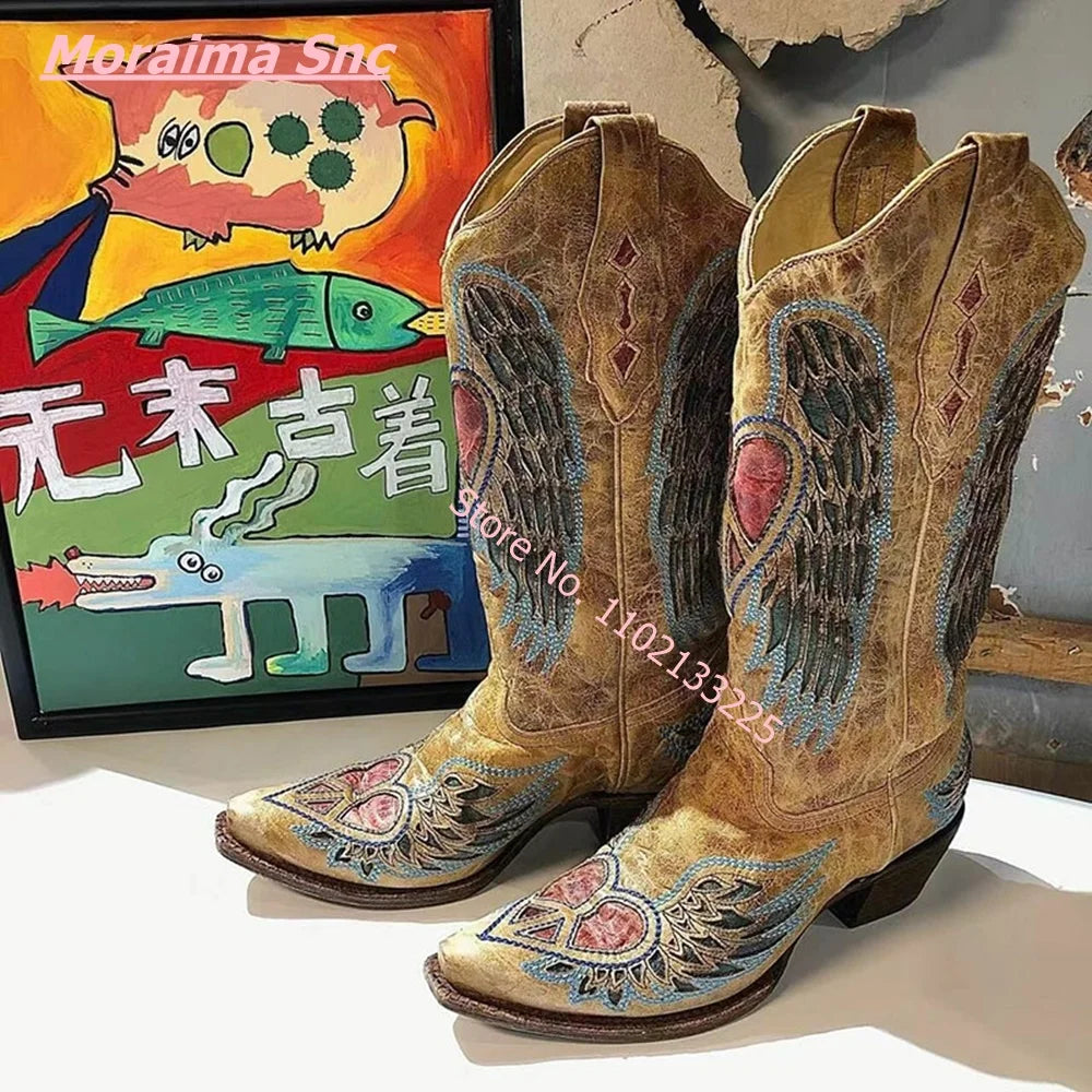 Heart Angel Wings Cowboy Boots, Pointed Toe Suede Slip On Leather Boots