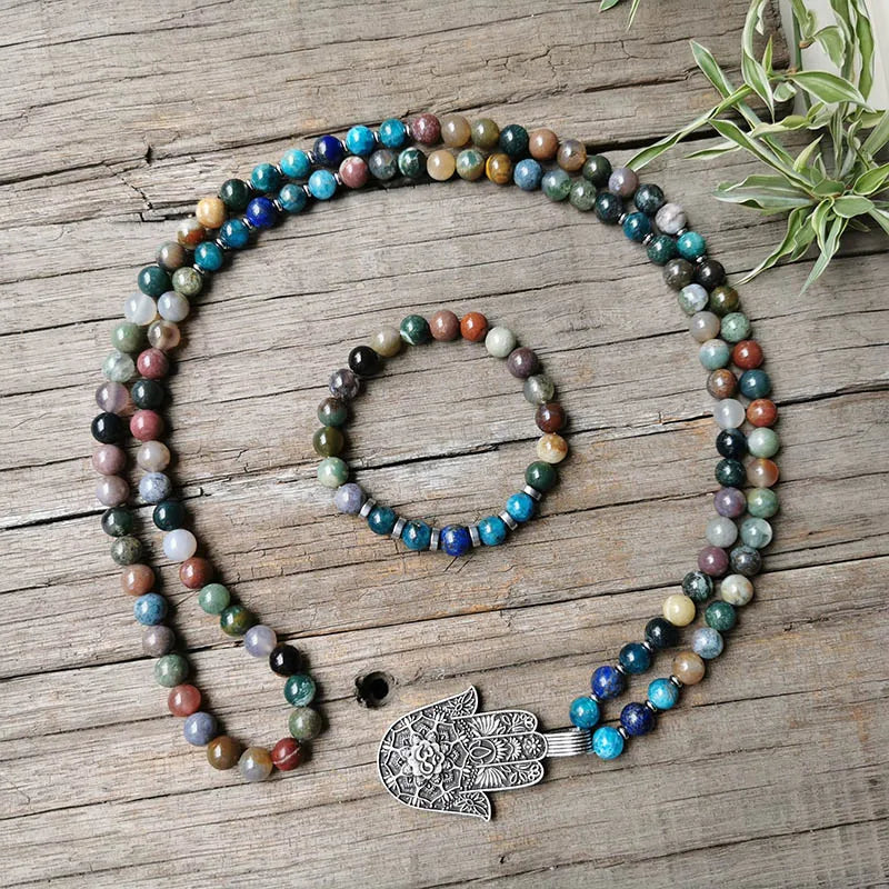 Indian Onyx Beads Apatite Mala Necklace, Charming Lotus Pendant