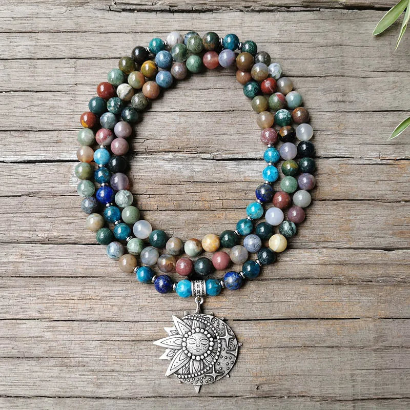 Indian Onyx Beads Apatite Mala Necklace, Charming Lotus Pendant