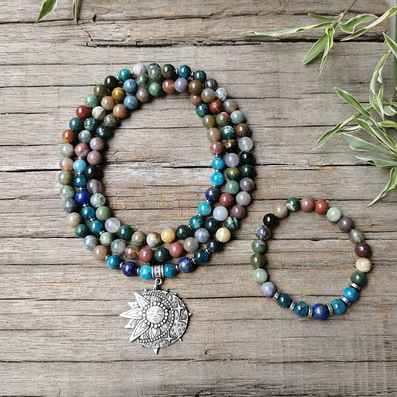 Indian Onyx Beads Apatite Mala Necklace, Charming Lotus Pendant