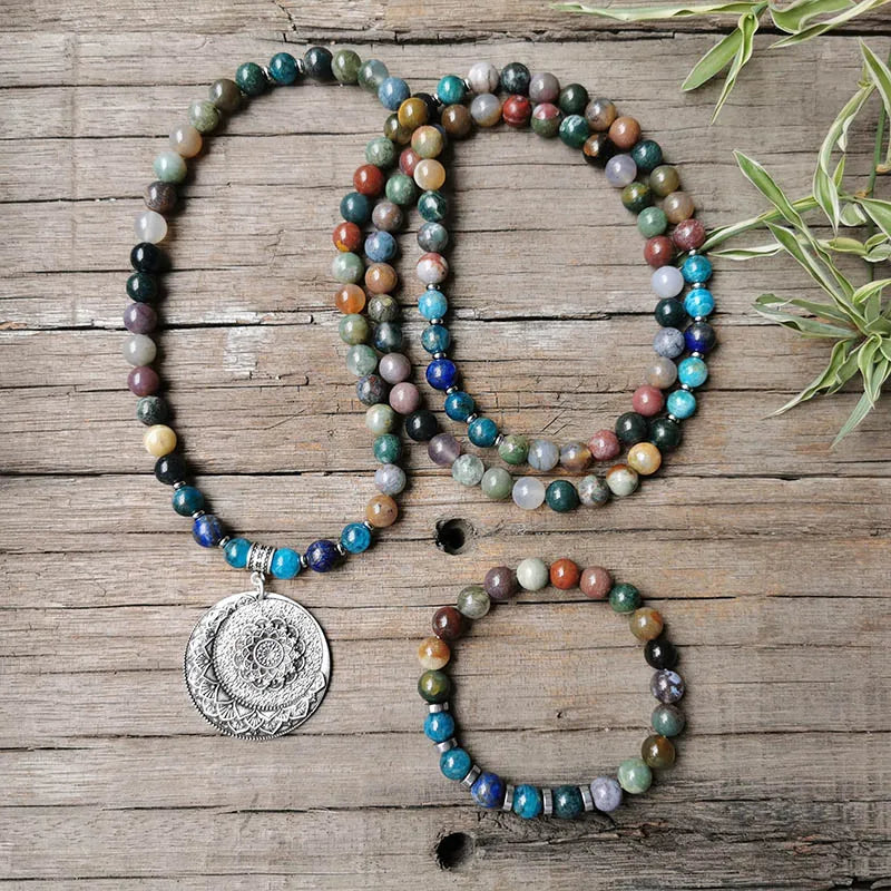 Indian Onyx Beads Apatite Mala Necklace, Charming Lotus Pendant