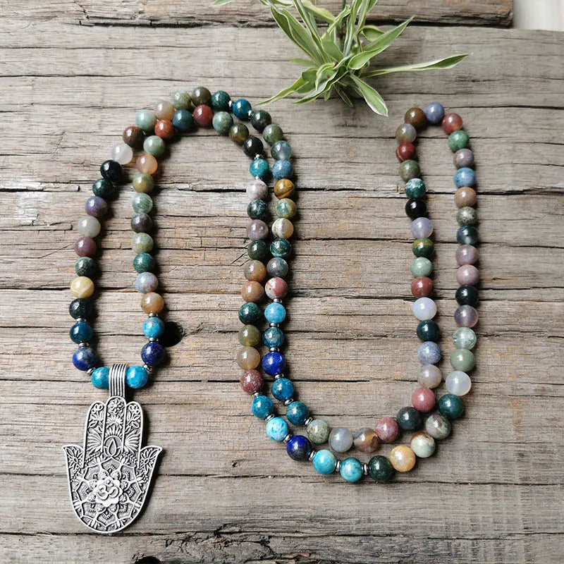 Indian Onyx Beads Apatite Mala Necklace, Charming Lotus Pendant