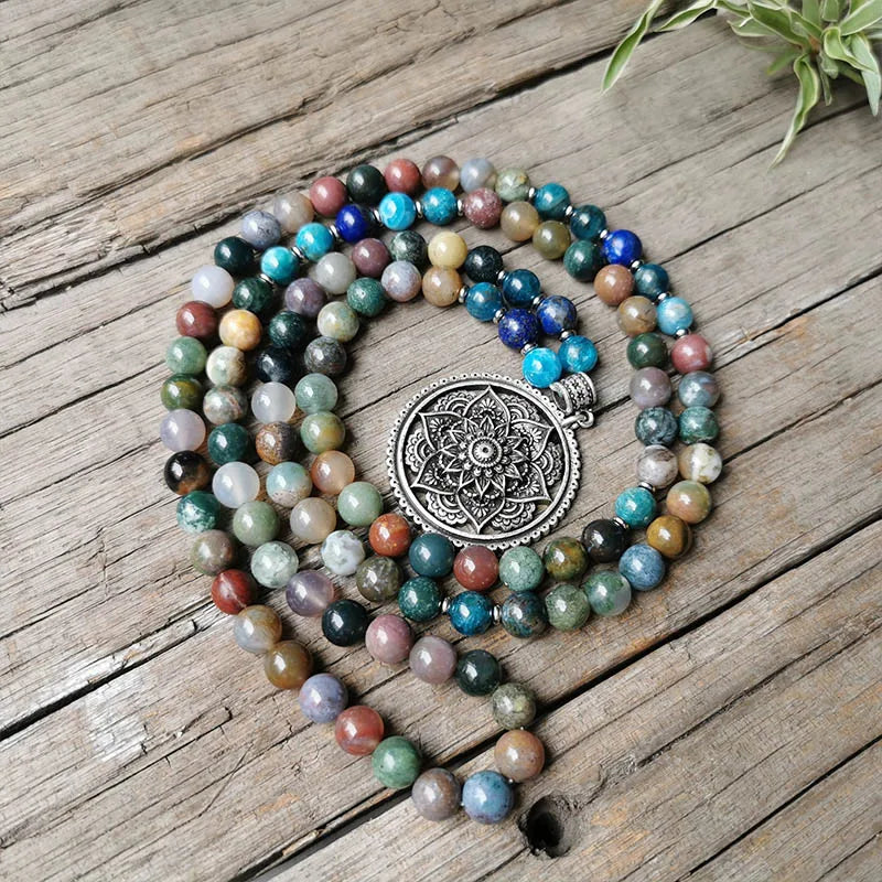 Indian Onyx Beads Apatite Mala Necklace, Charming Lotus Pendant