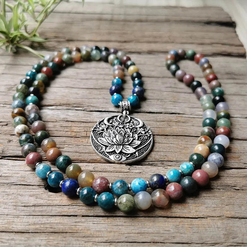 Indian Onyx Beads Apatite Mala Necklace, Charming Lotus Pendant
