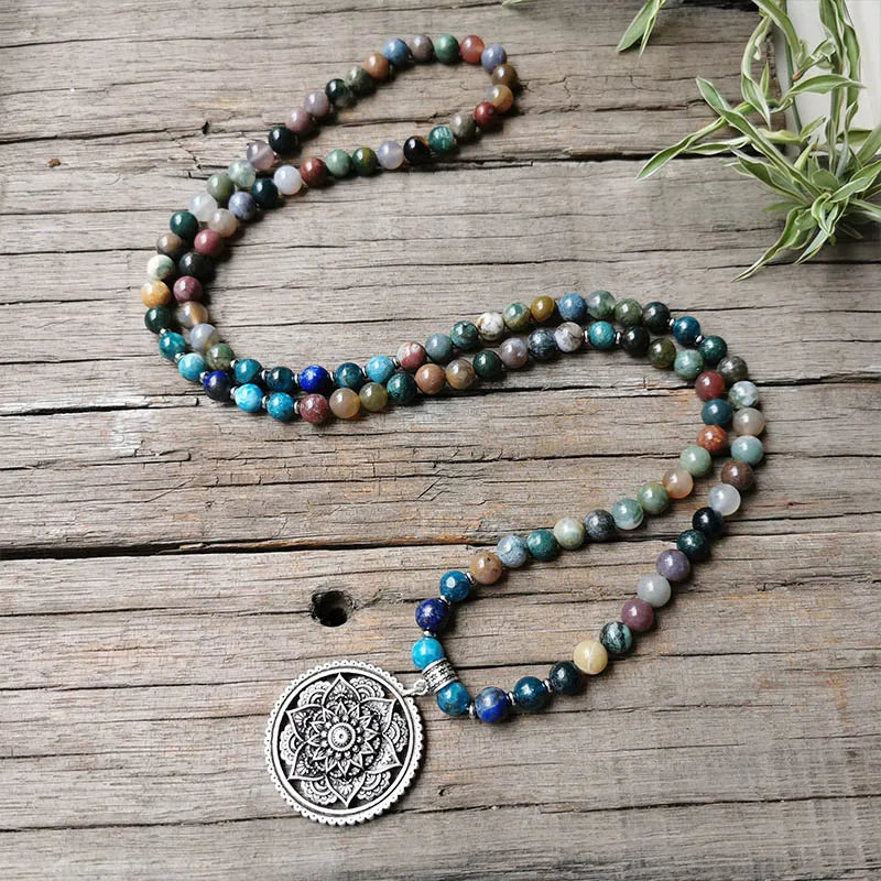 Indian Onyx Beads Apatite Mala Necklace, Charming Lotus Pendant