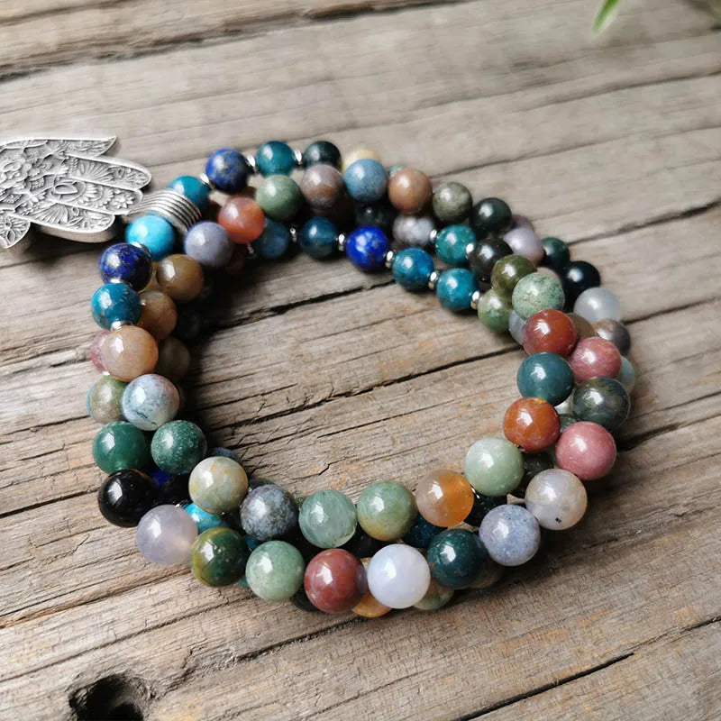 Indian Onyx Beads Apatite Mala Necklace, Charming Lotus Pendant