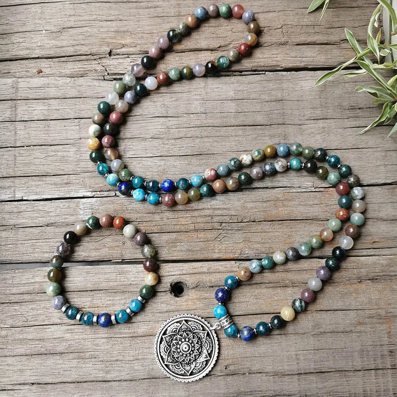 Indian Onyx Beads Apatite Mala Necklace, Charming Lotus Pendant