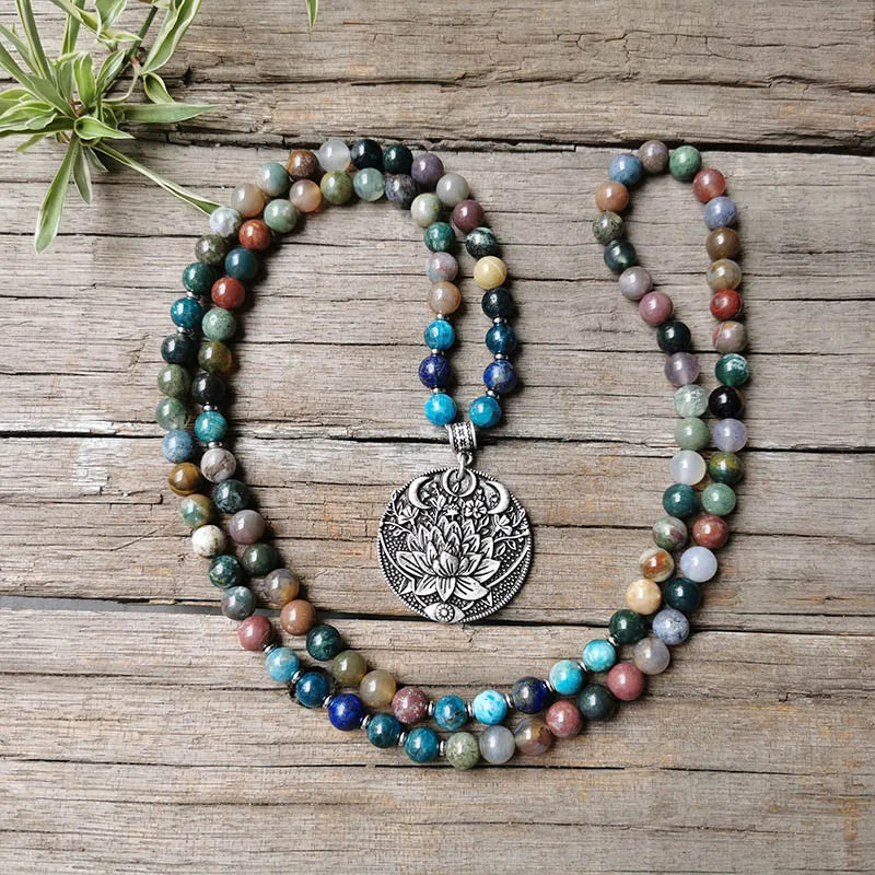 Indian Onyx Beads Apatite Mala Necklace, Charming Lotus Pendant