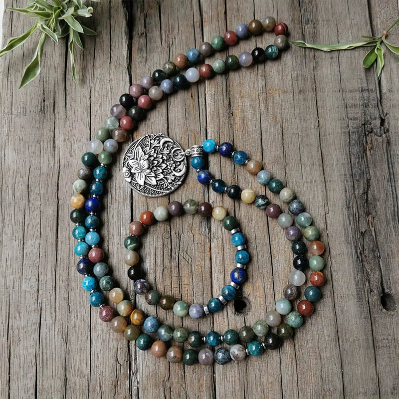 Indian Onyx Beads Apatite Mala Necklace, Charming Lotus Pendant