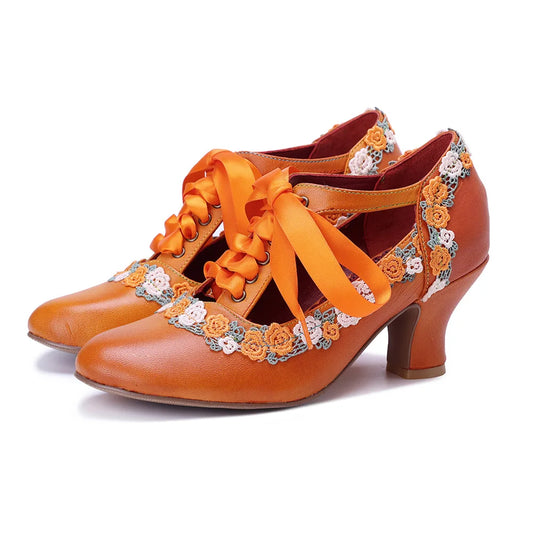 Johnature 2025 Spring/Summer New Handmade Women's Orange Pumps