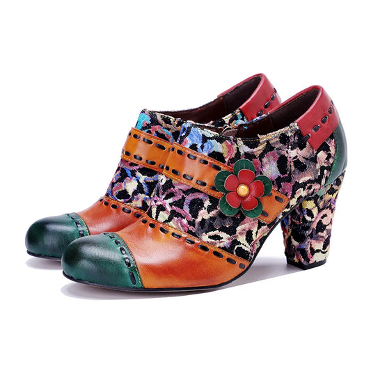 Johnature Autumn/Winter Colorful Floral Pumps, Genuine Leather