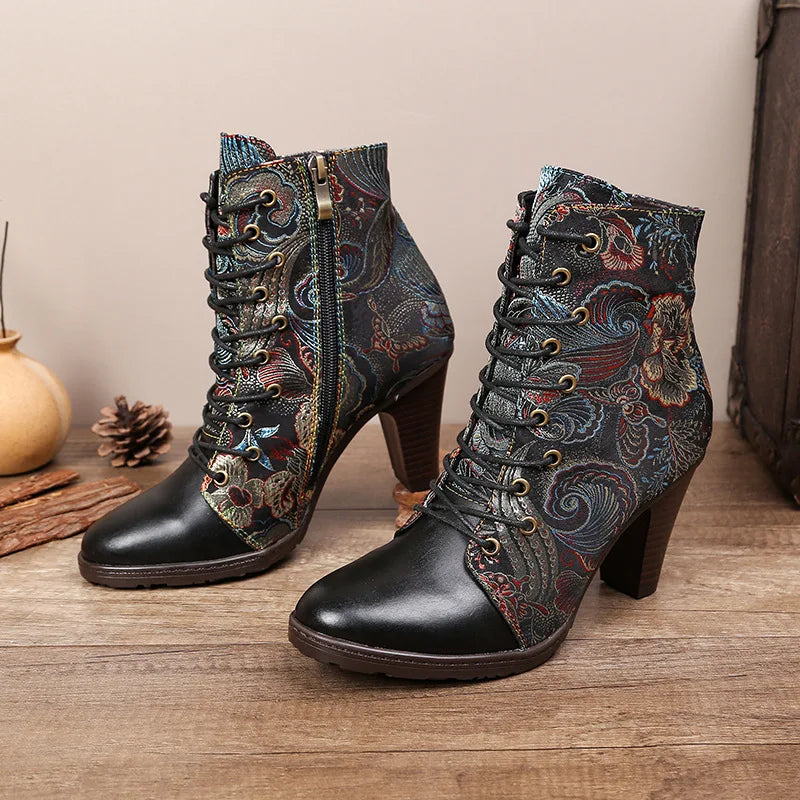 Johnature Dark Academia Ankle Boots, Genuine Leather Ethnic Style Pointed Toe