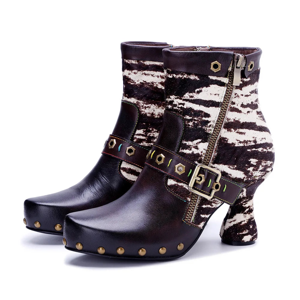 Johnature Genuine Leather Patchwork Horsehair High Heels, Belt Buckle Rivet Boots