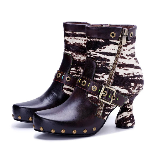 Johnature Genuine Leather Patchwork Horsehair High Heels, Belt Buckle Rivet Boots