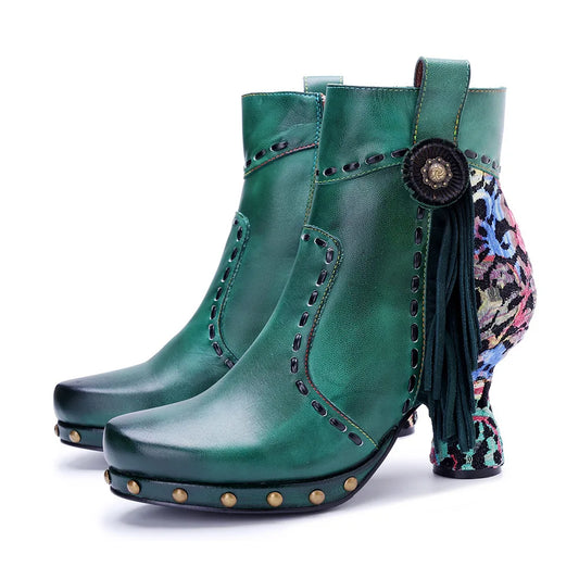Johnature Handmade Genuine Green Leather Patchwork Printed Women's Boots