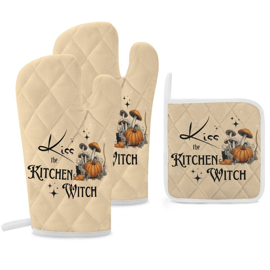 A set of three beige oven mitts with a kitchen witch design, including a pot holder and an insulation pad.