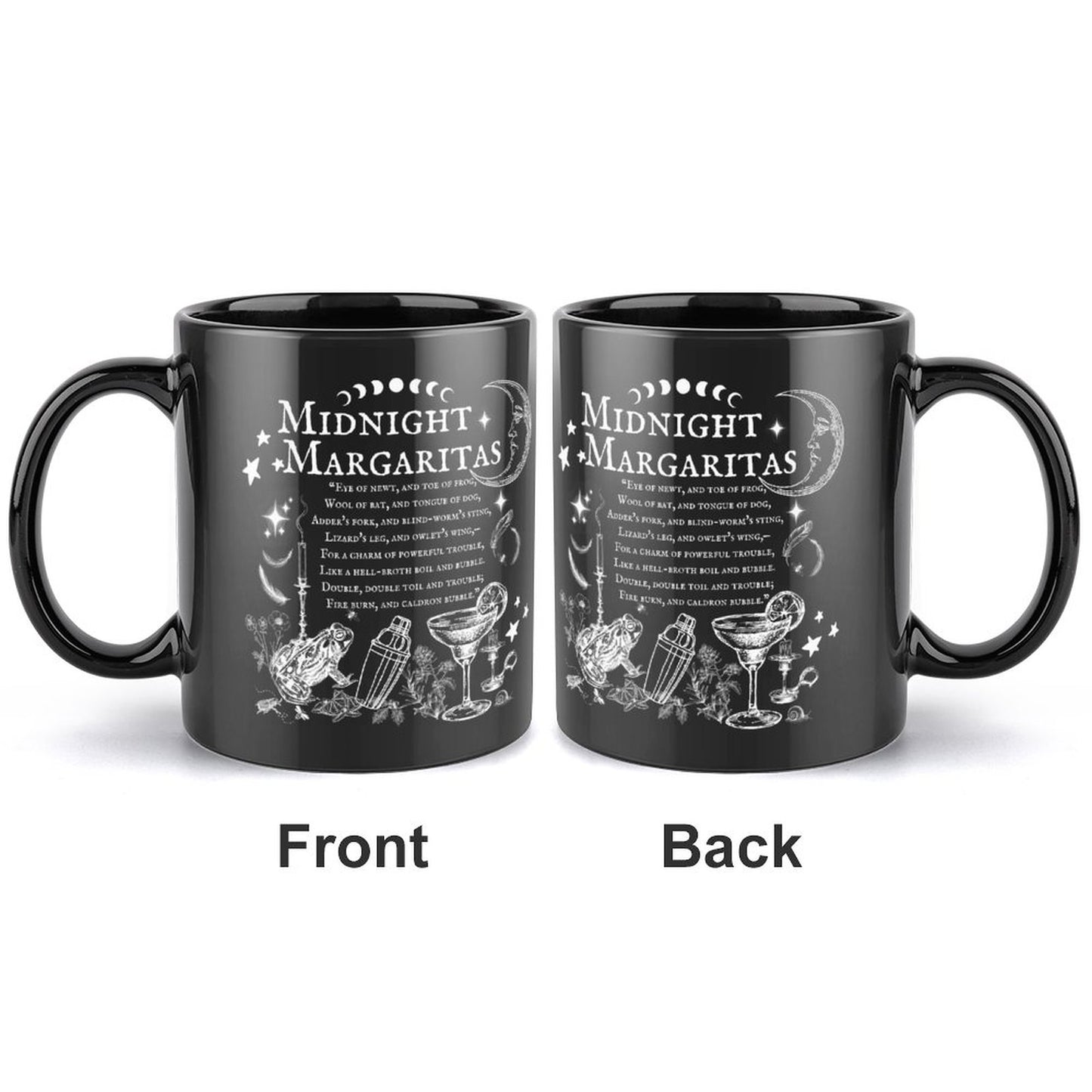 Black mug with 'Midnight Margaritas' text and graphics on a white background