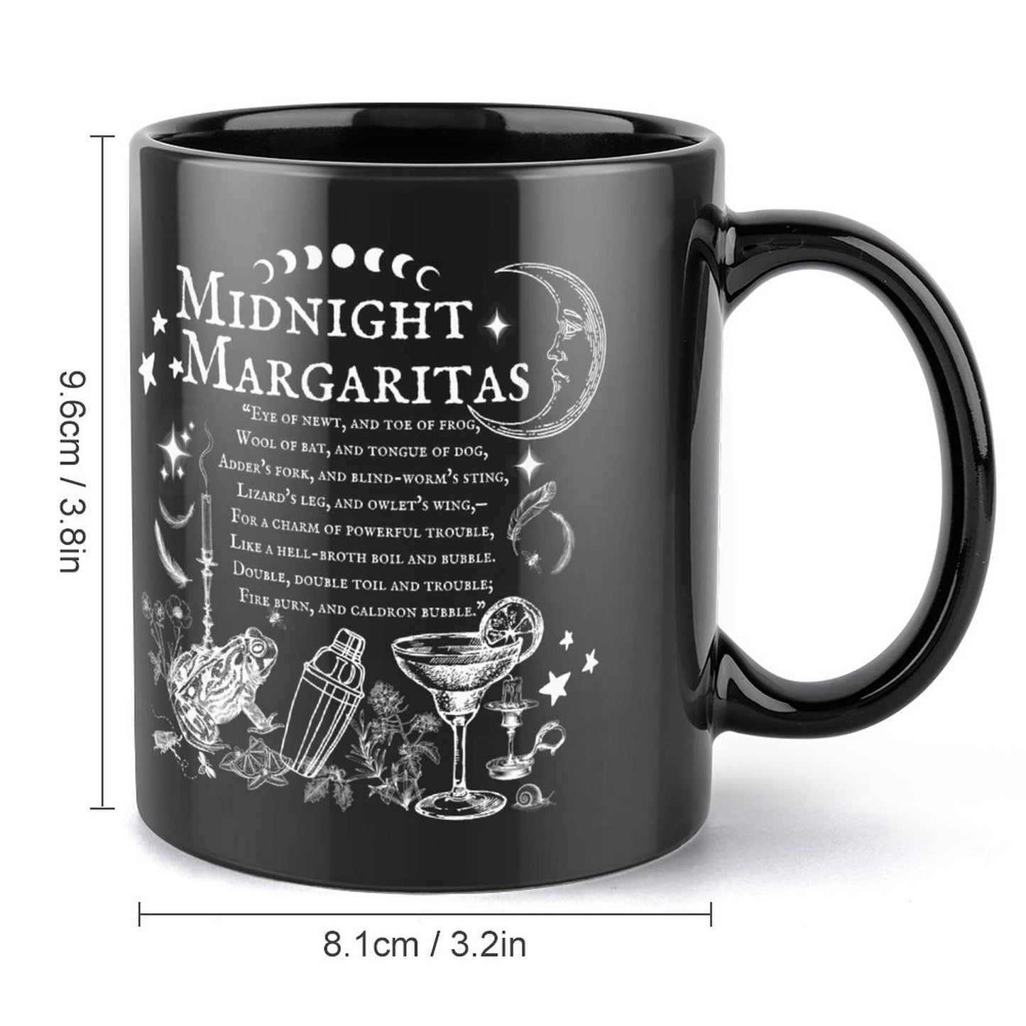 Black mug with 'Midnight Margaritas' text and cocktail graphics, dimensions displayed.