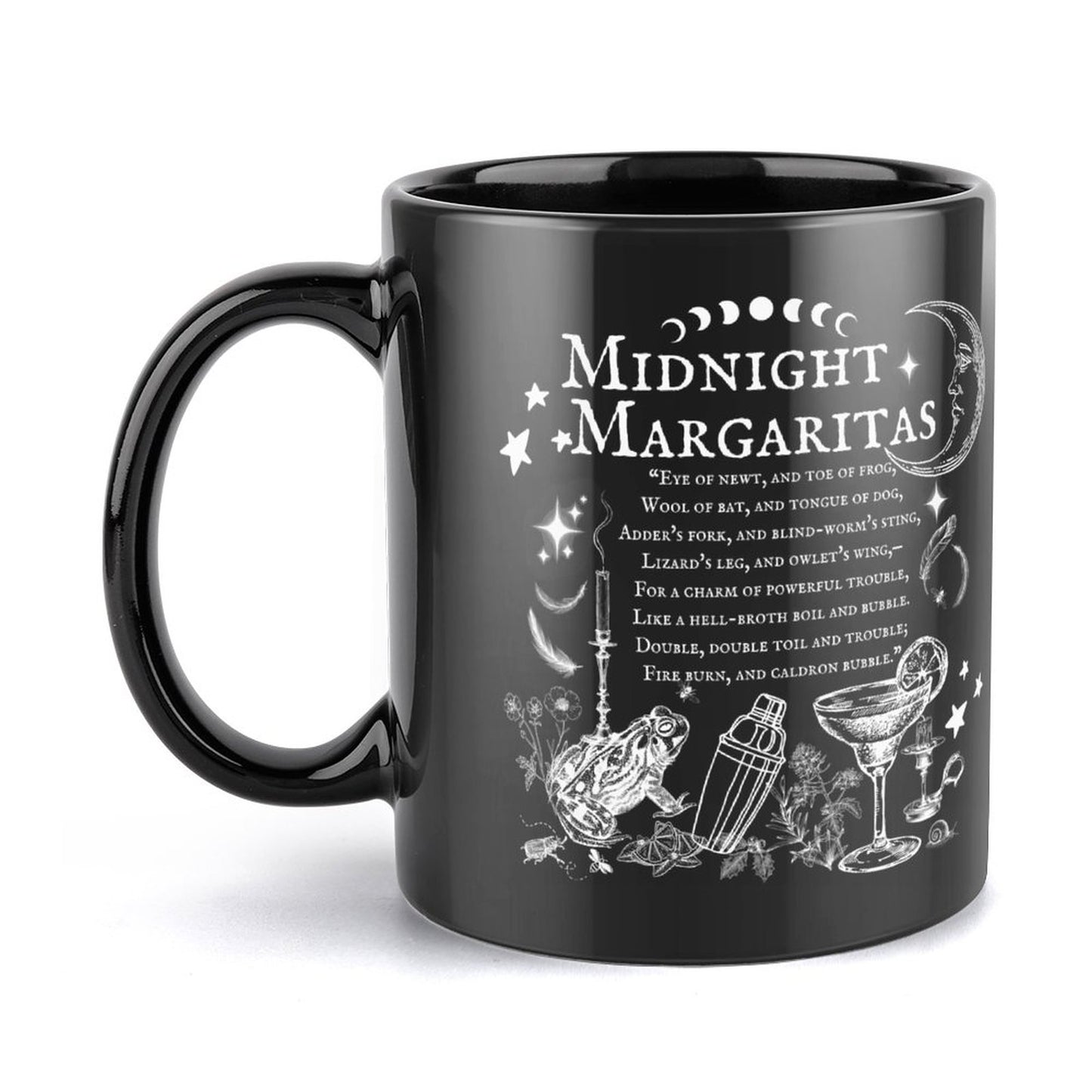 Black mug with white text and graphics on a white background