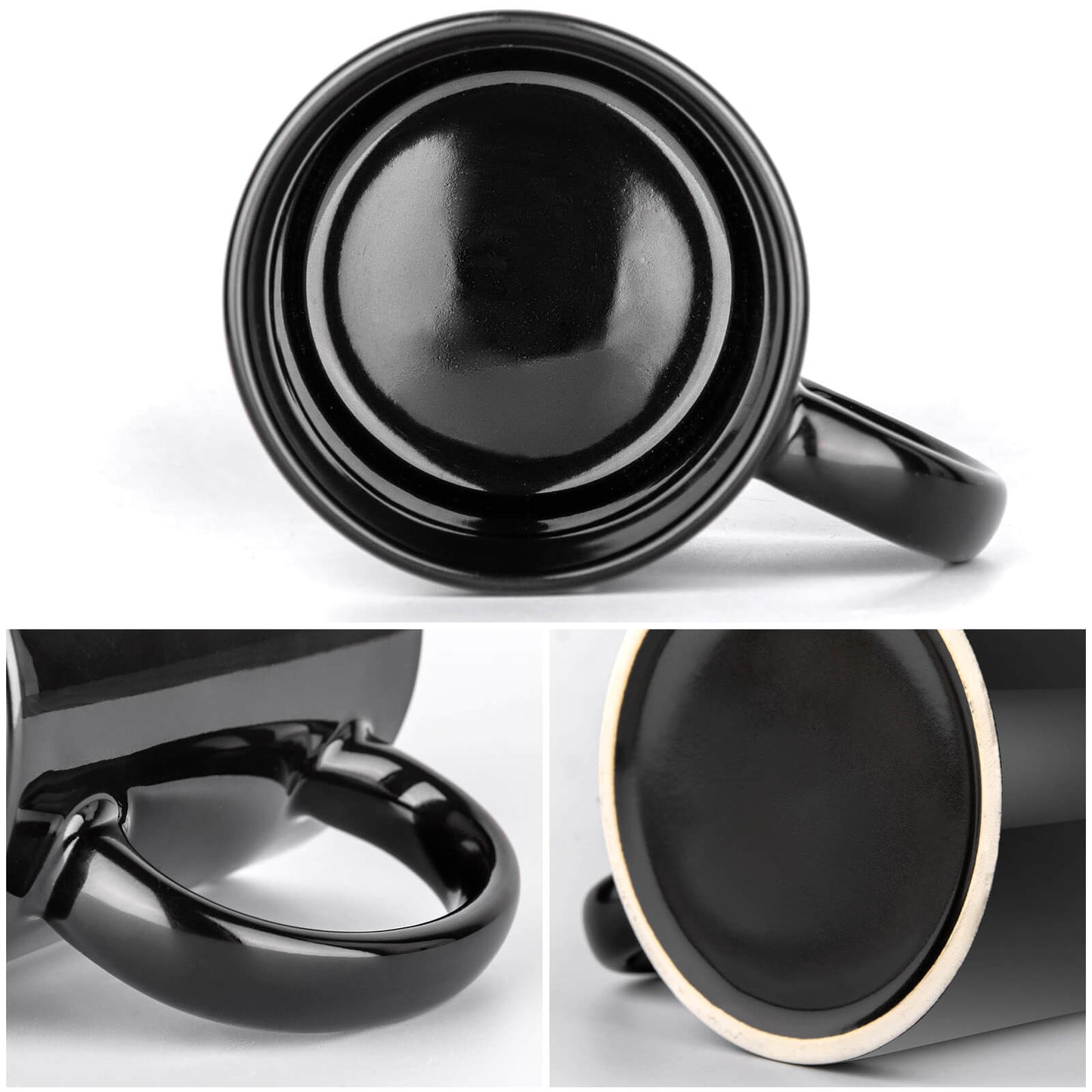 Black ceramic mug with handle and lid on a white background