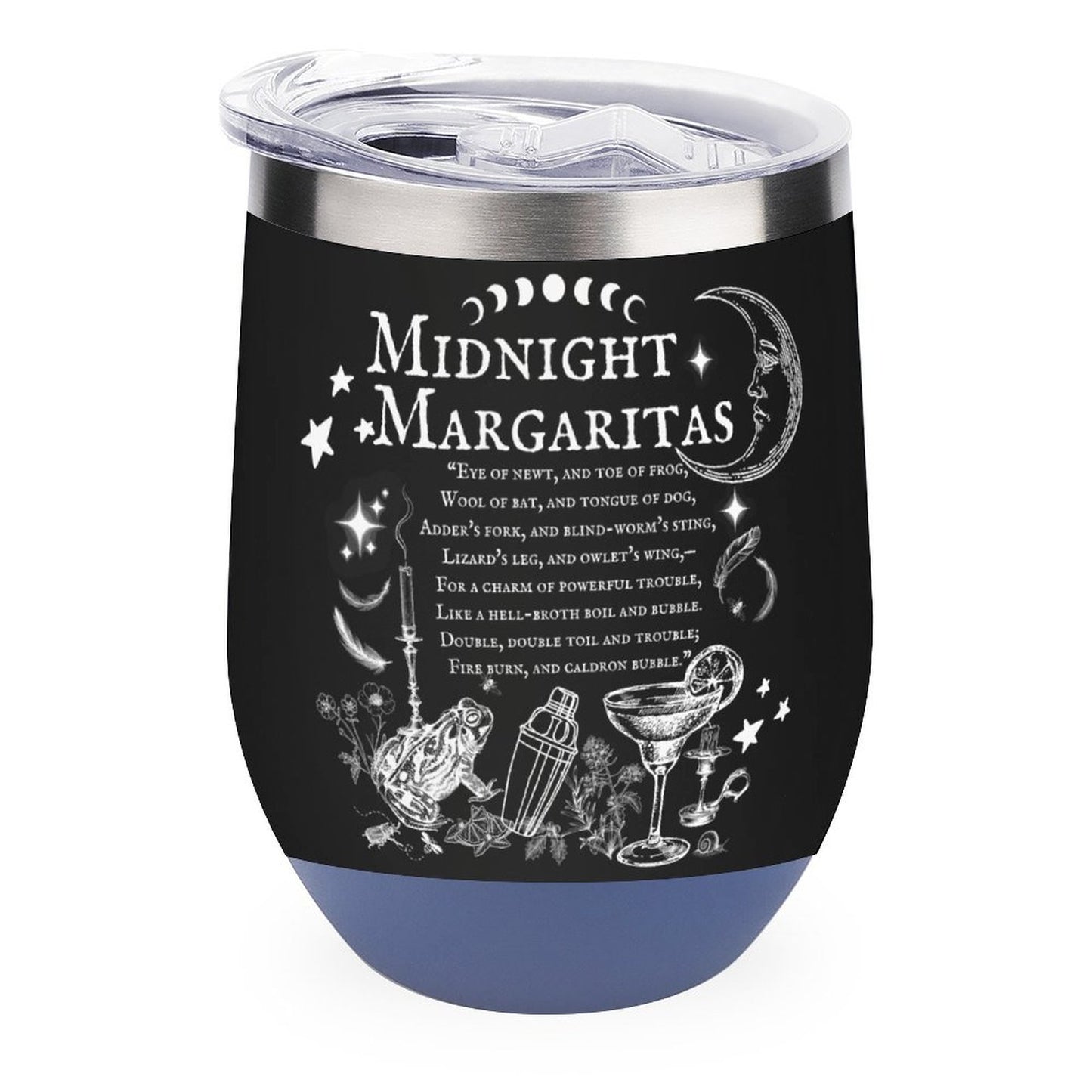 Tumbler with 'Midnight Margaritas' text and illustrations on a black background
