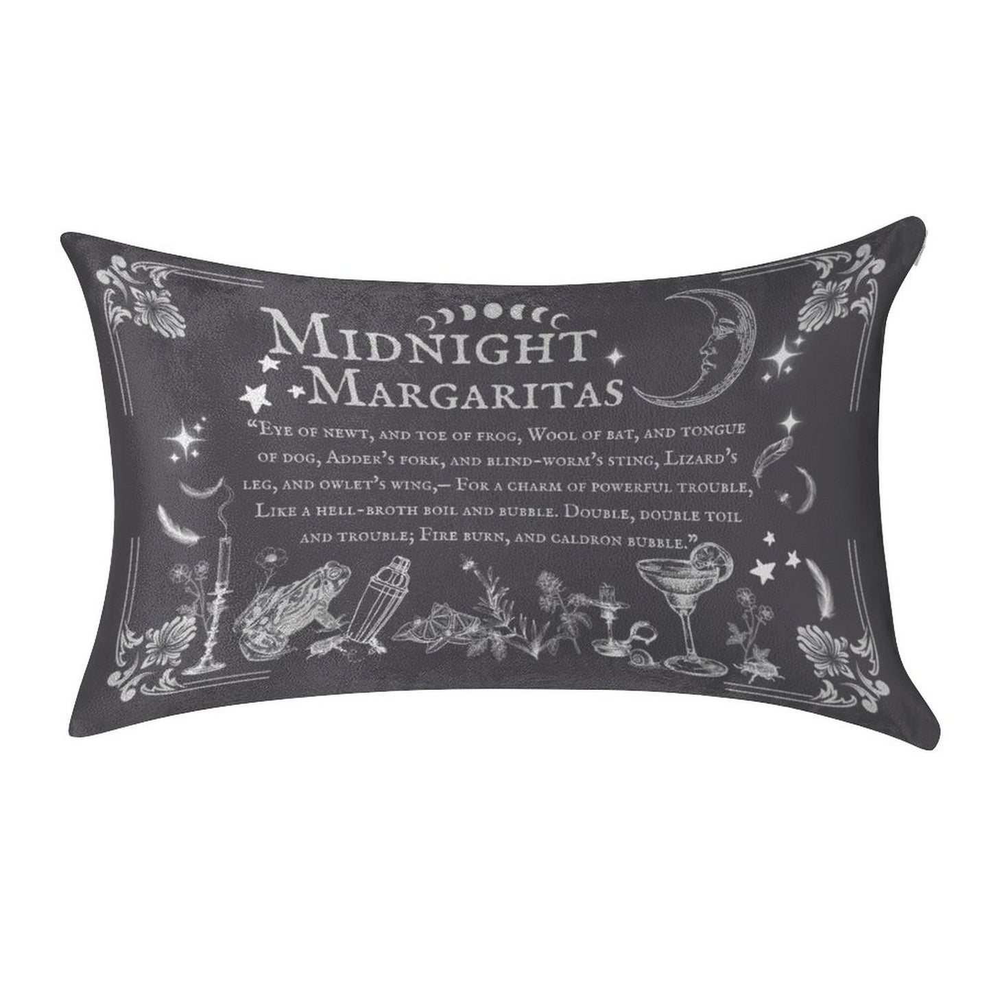 Decorative pillow with 'Midnight Margaritas' text and potion ingredients illustration on a black background