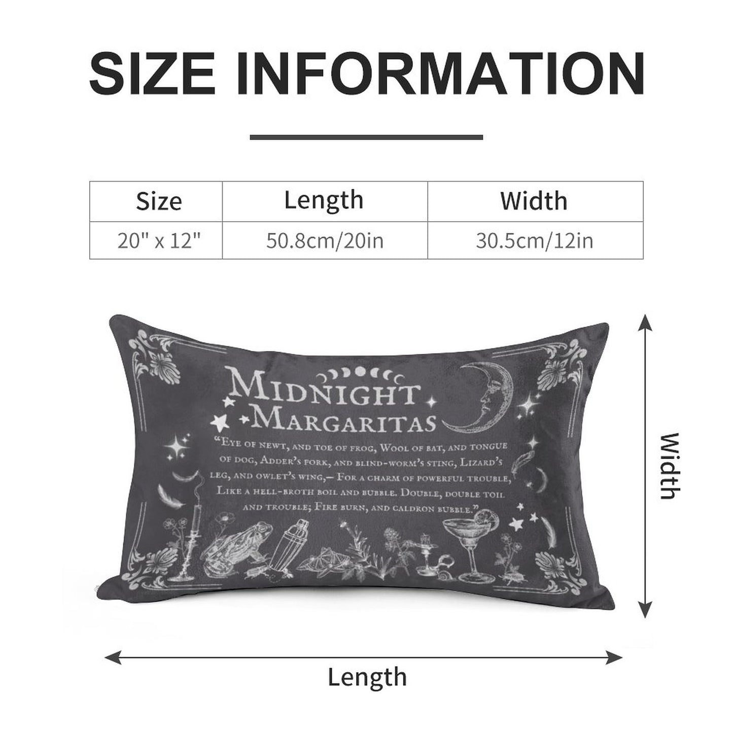 Size information chart for a decorative pillow with 'Midnight Margaritas' text and illustrations.