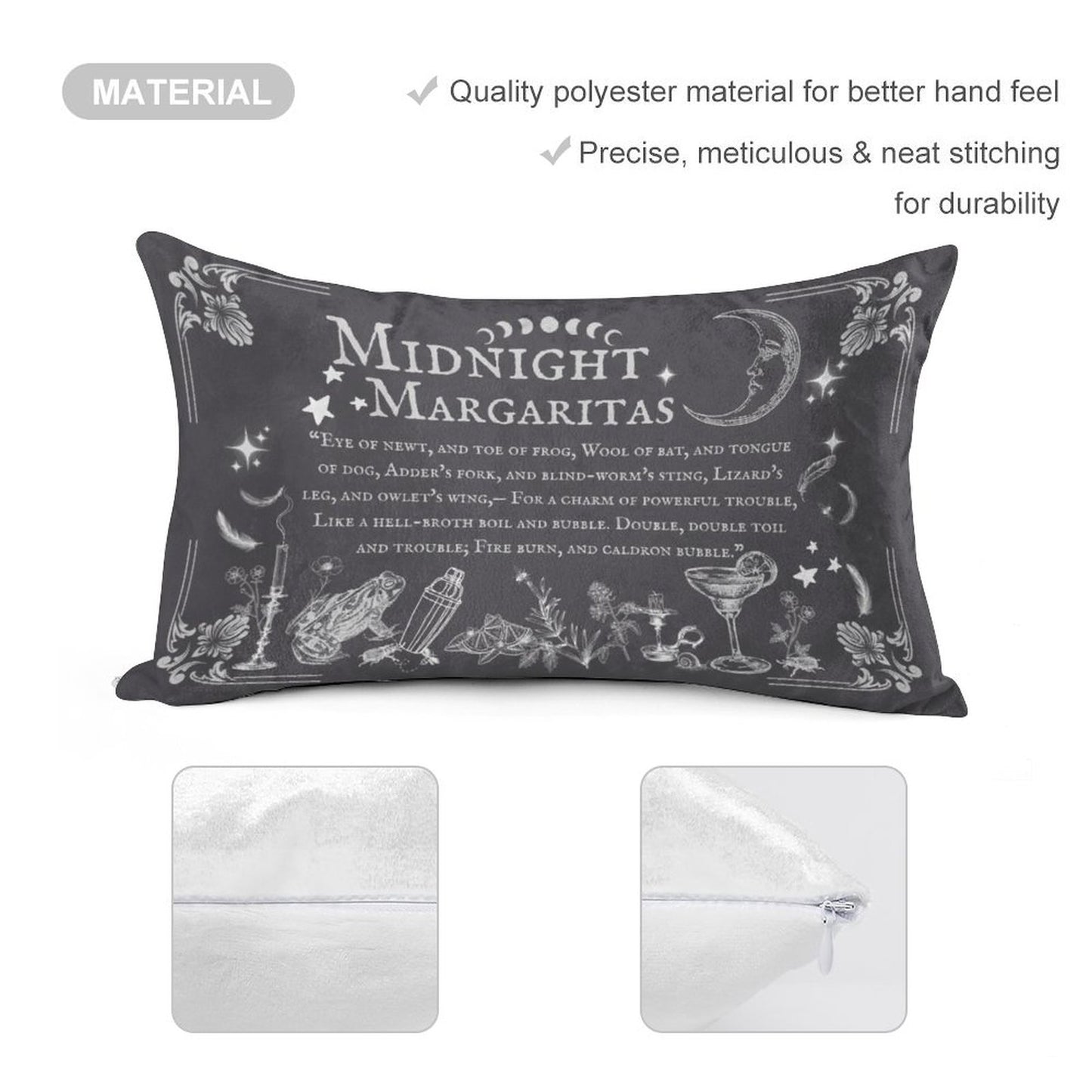 Decorative pillow with 'Midnight Margaritas' text and illustrations on a gray background, with material and stitching details.