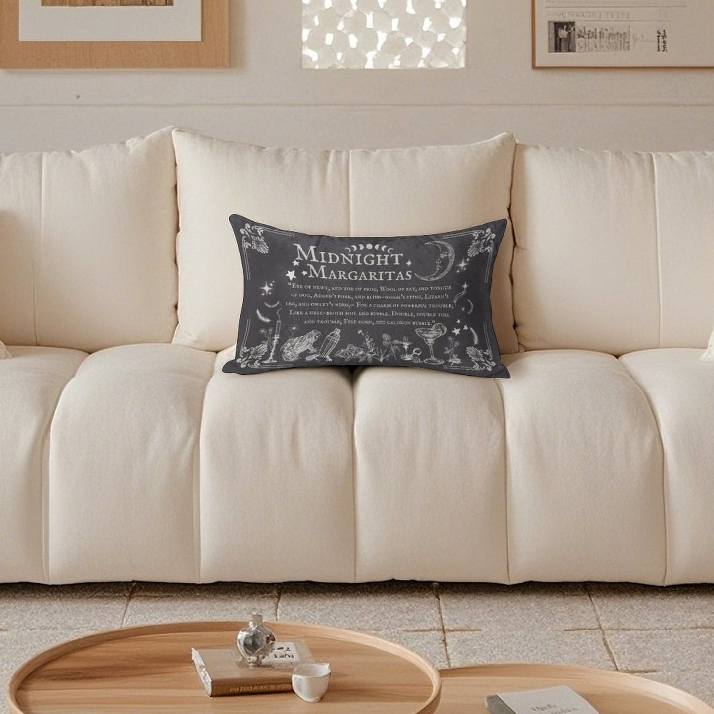 Decorative pillow with text on a beige sofa in a living room setting