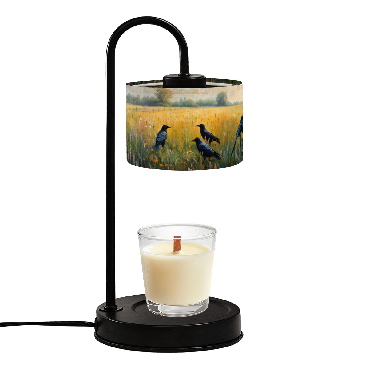 Candle warmer with a scenic lampshade featuring birds on a white background