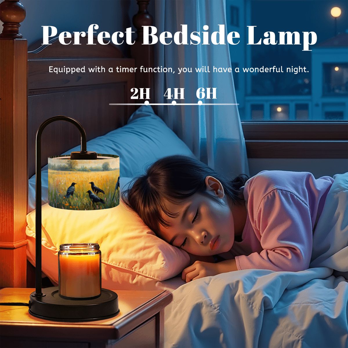 Child sleeping in bed with a bedside lamp and candle, featuring text about timer function.