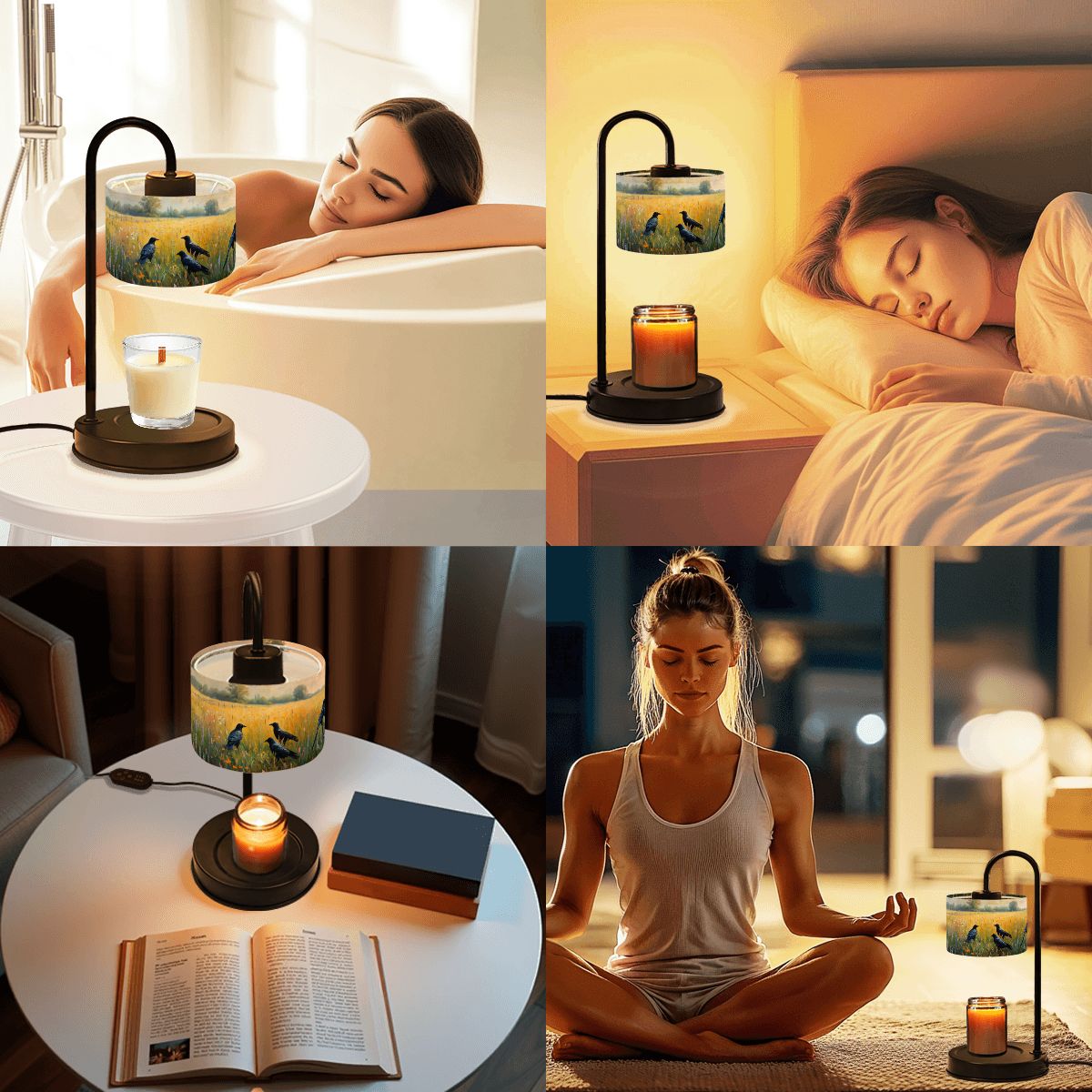 Collage of a woman relaxing in various settings with a candle and lamp.