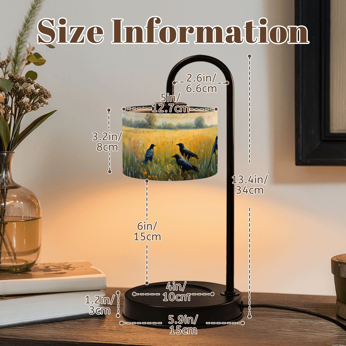 Table lamp with dimensions labeled on a wooden surface.