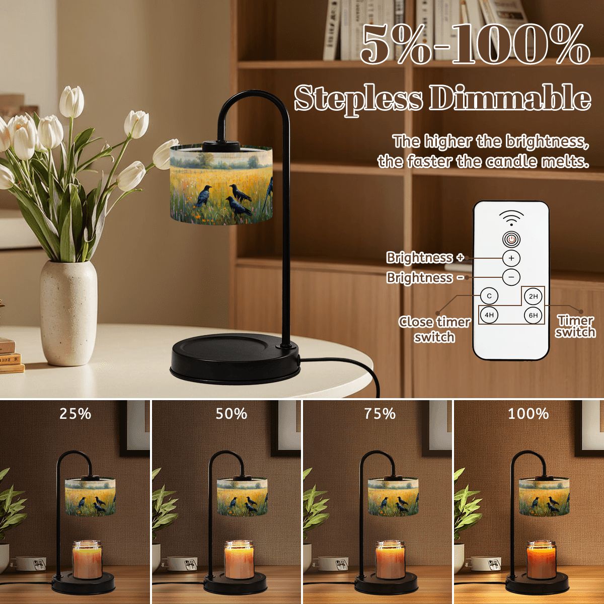 Dimmable table lamp with remote control and candle design, shown with different brightness levels.