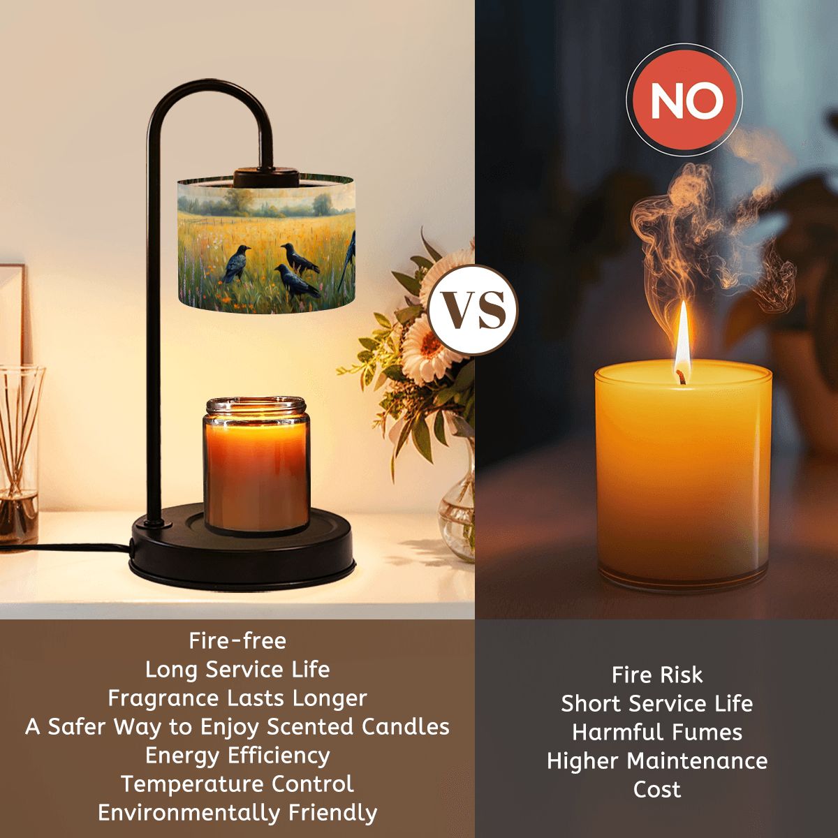 Comparison of a candle lamp and a burning candle with text highlighting pros and cons.