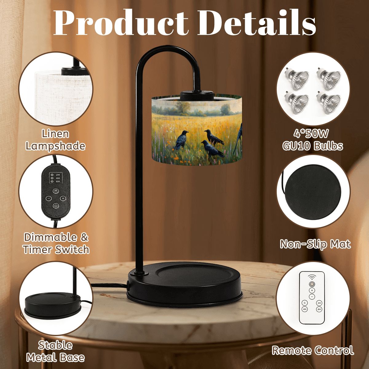 Table lamp with product details on a wooden surface