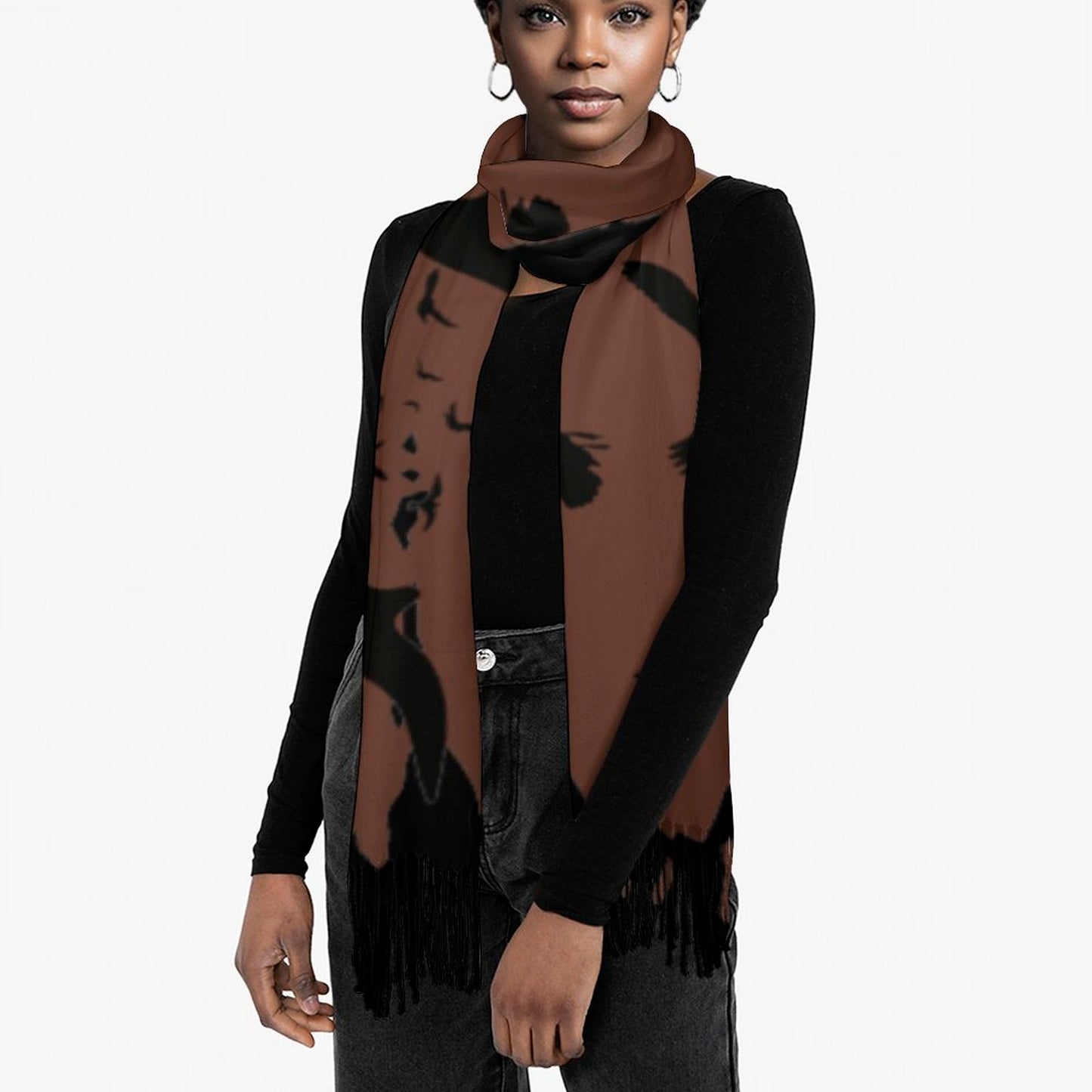 Murder of Crows Chocolate Tassel Scarf - Witchy Clothing, Raven Scarf, Gothic Clothing, Halloween Scarf, Bird Lover Gift, Fall Fashion Scarf