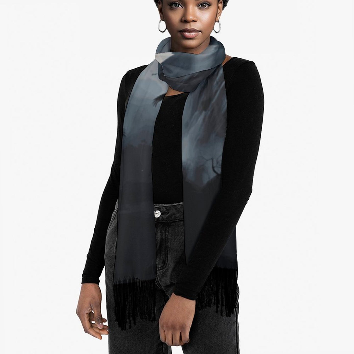 Murder of Crows Midnight Soft Tassel Scarf, Witchy Clothing, Raven Gothic Shawl