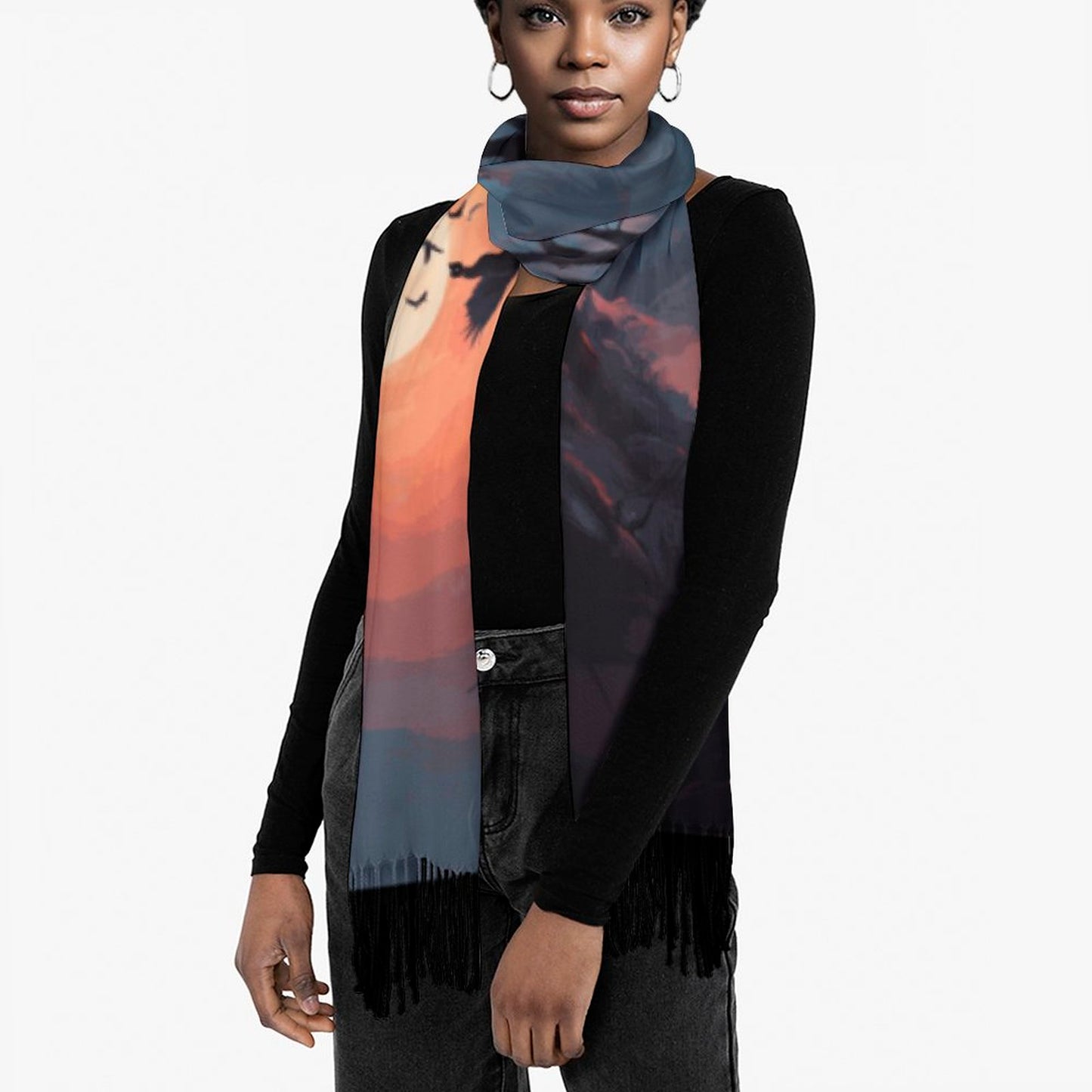 Murder of Crows Twilight Soft Tassel Scarf, Witchy Clothing, Raven Gothic Clothing