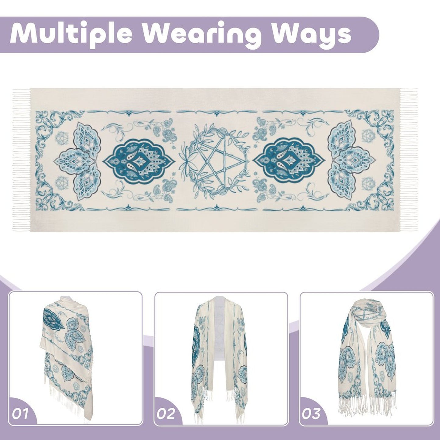 Paisley Pentagram Tassel Scarf, a teal accessory blending pagan paisley patterns with Wiccan elegance and gothic charm, Ideal Occult gift