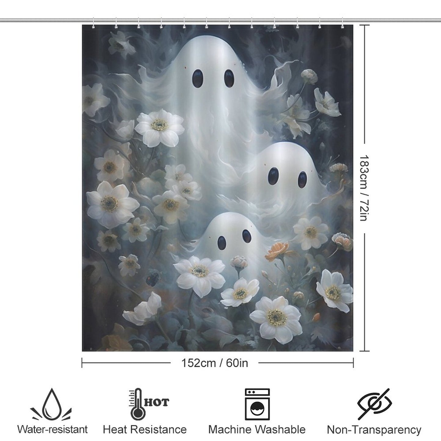 Peek-a-Boo Ghosts Shower Curtain, Gothic Whimsigoth Botanical Bathroom Decor