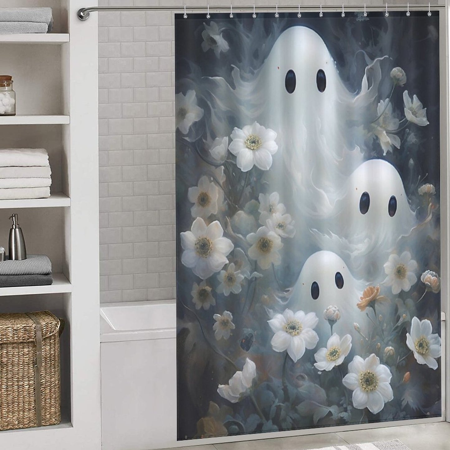 Peek-a-Boo Ghosts Shower Curtain, Gothic Whimsigoth Botanical Bathroom Decor