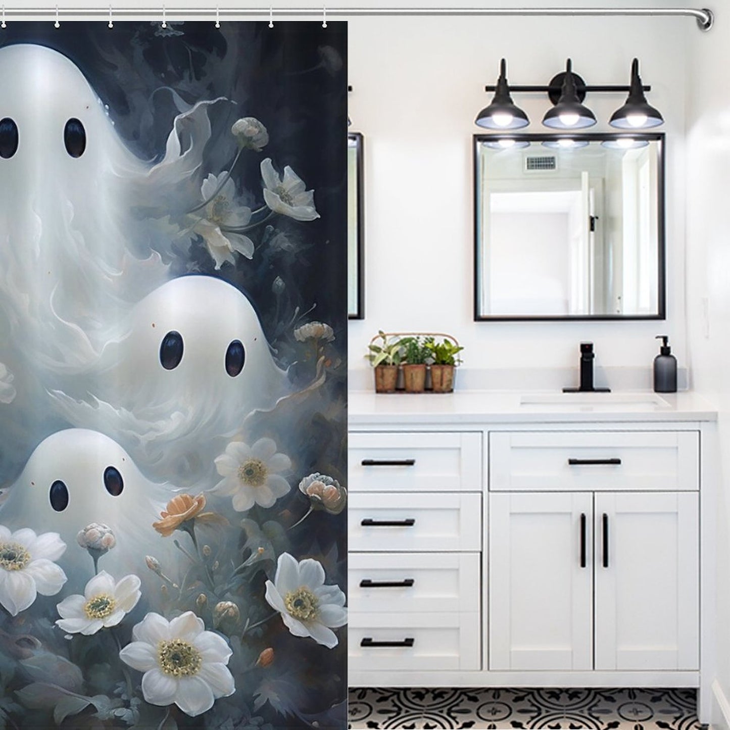 Peek-a-Boo Ghosts Shower Curtain, Gothic Whimsigoth Botanical Bathroom Decor
