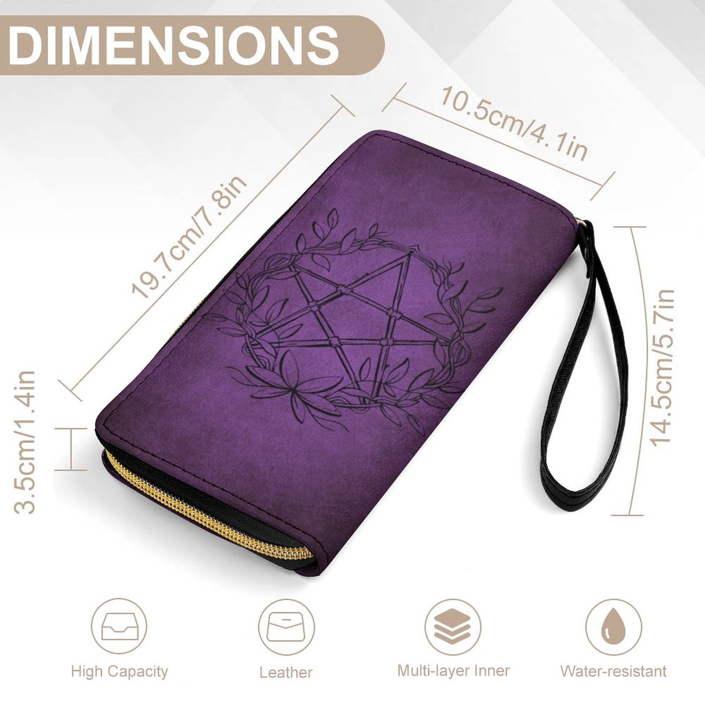 Pentagram in Purple Leather Wallet with Wristlet Strap