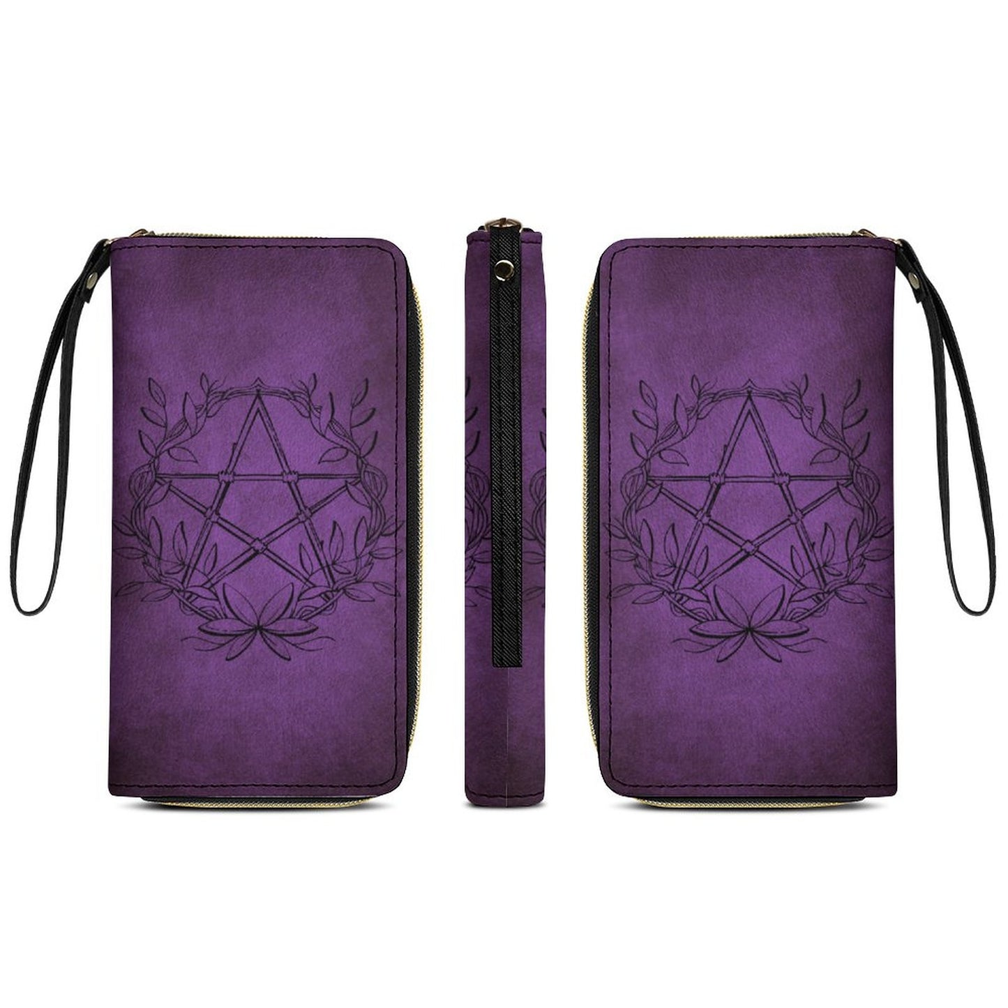 Pentagram in Purple Leather Wallet with Wristlet Strap