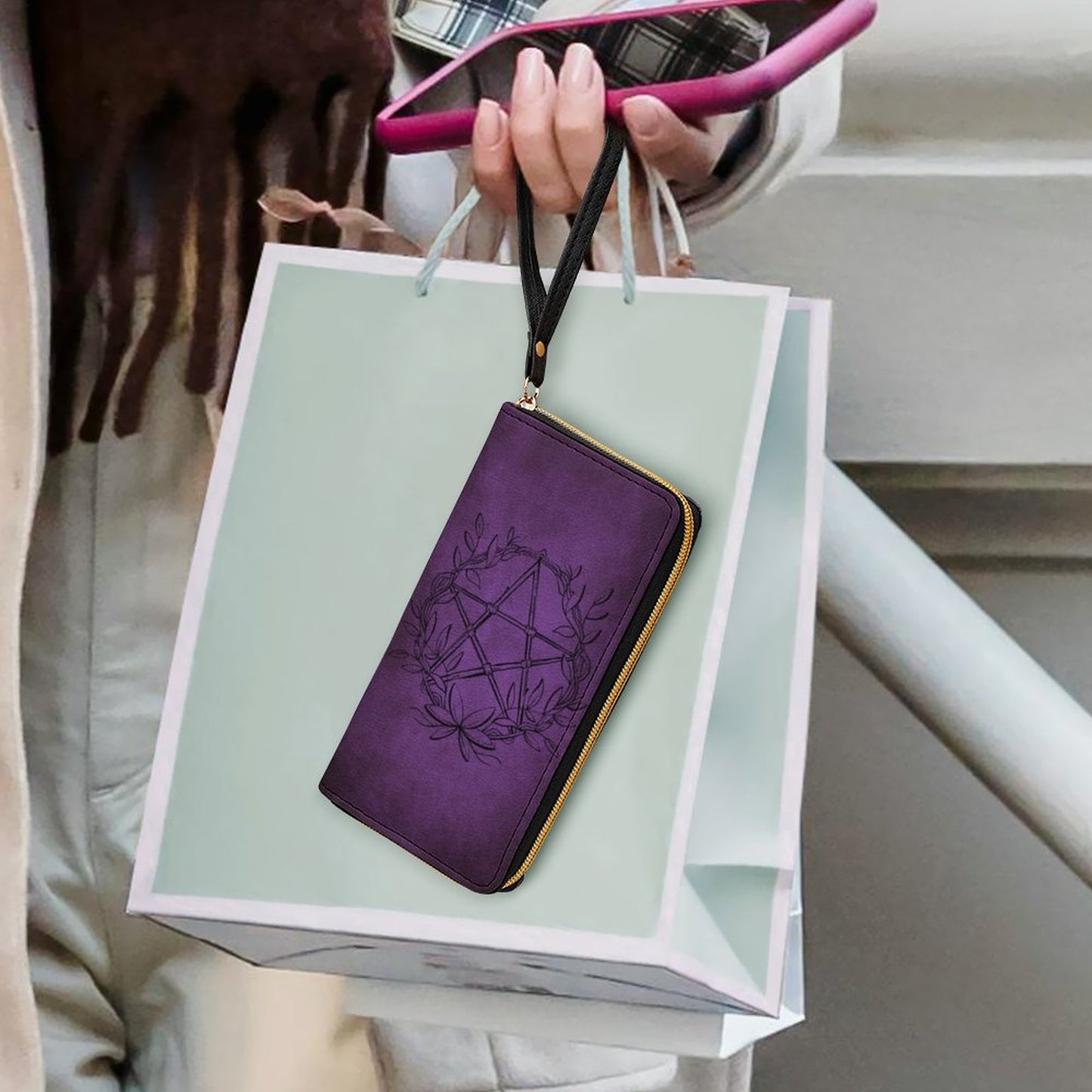 Pentagram in Purple Leather Wallet with Wristlet Strap