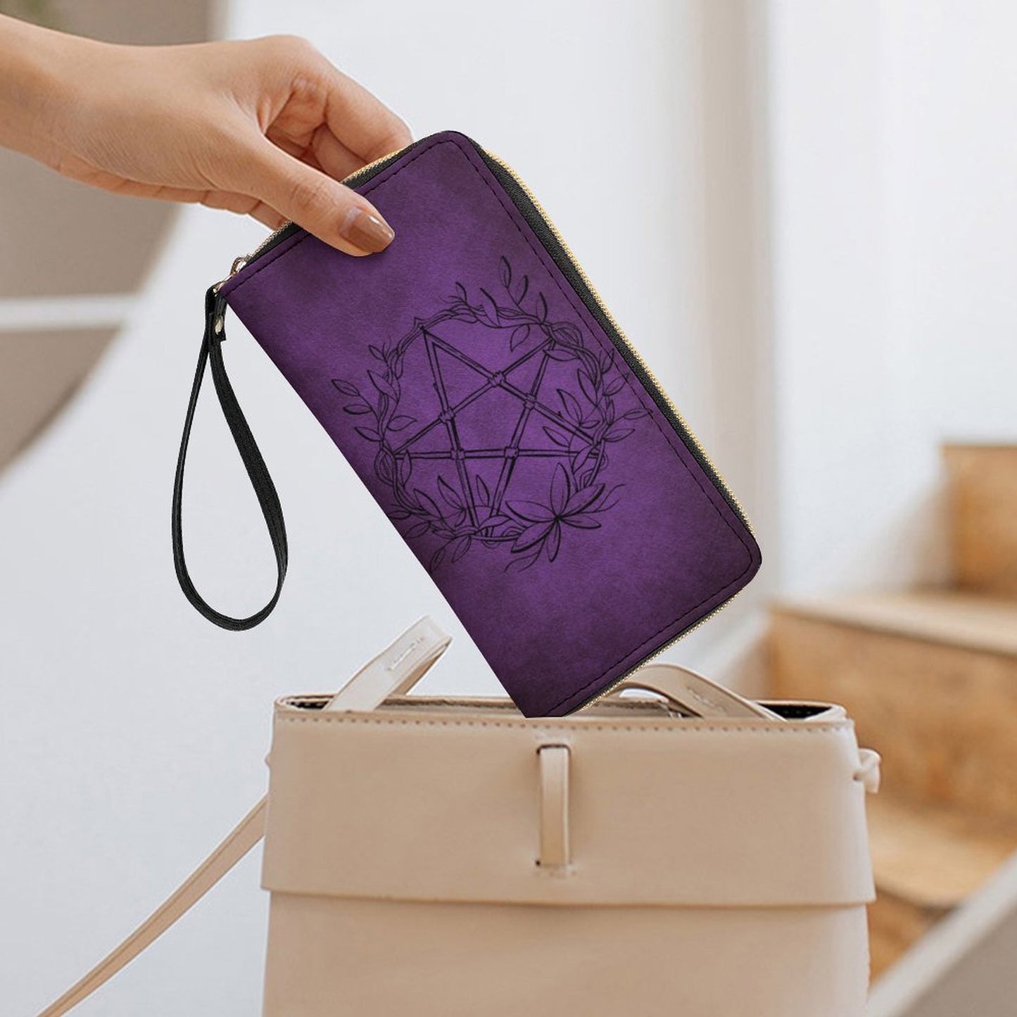 Pentagram in Purple Leather Wallet with Wristlet Strap
