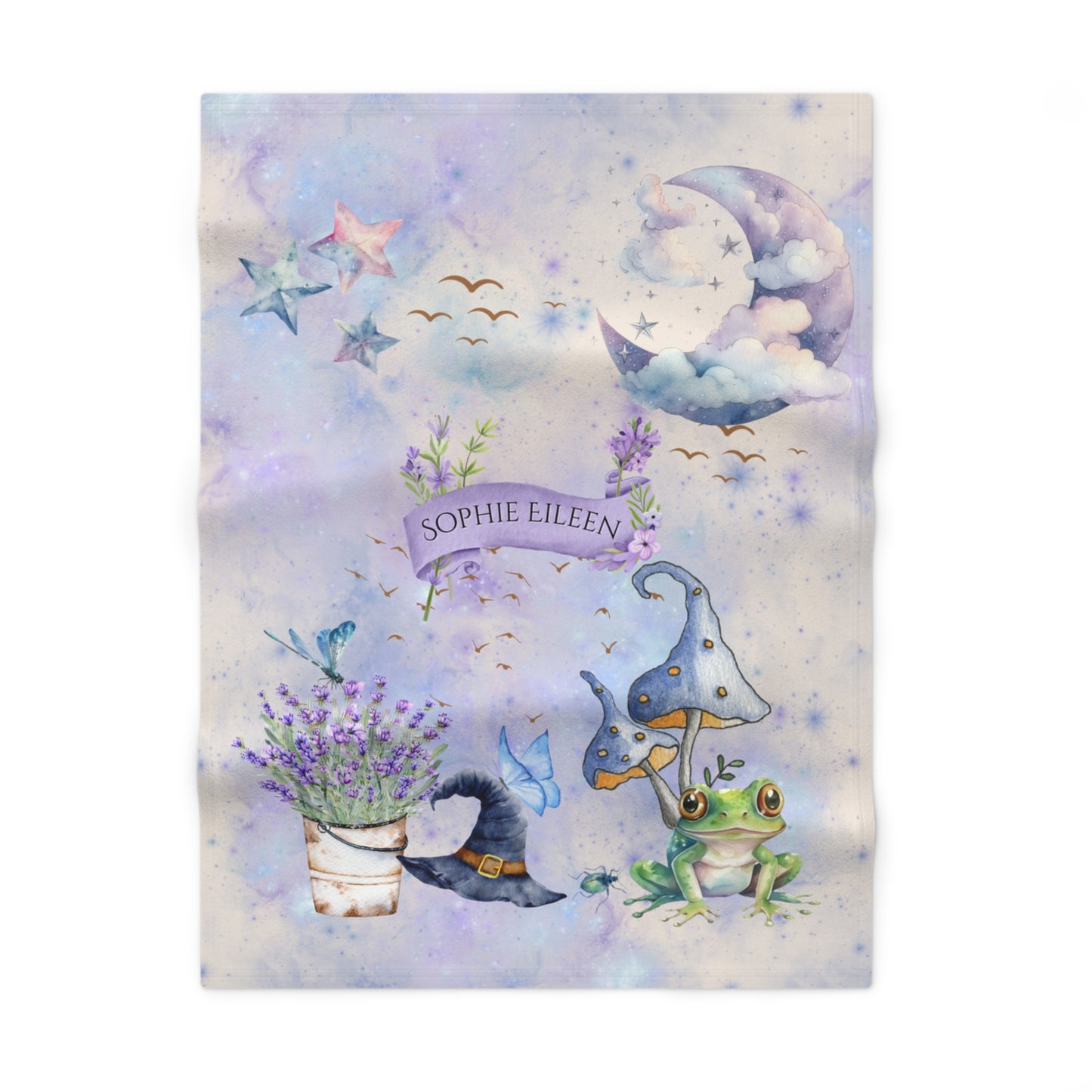 Fleece blanket with cartoon characters and 'Sophie Eileen' branding on a watercolor background.