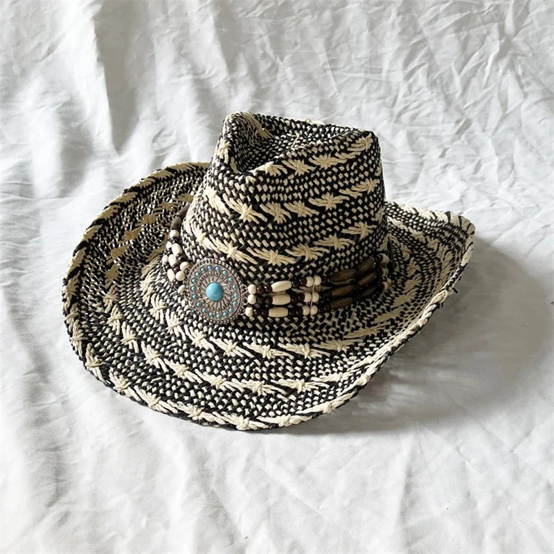 Ethnic Style Western Cowgirl Hat, Curling Brim Straw Beach Hat
